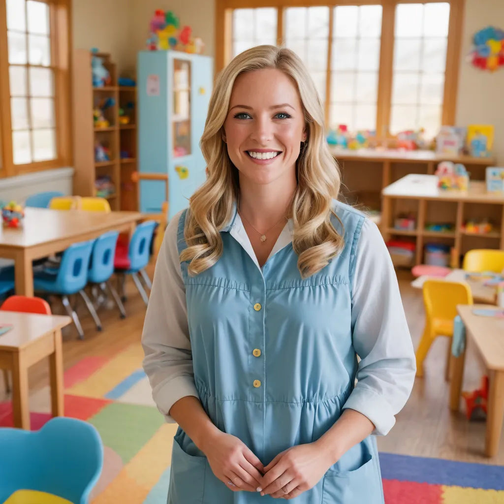 a woman standing in a classroom with a smile on her face and hands in her pockets, with a blue shirt on, paris school, a character portrait, Anne Rigney, promotional image