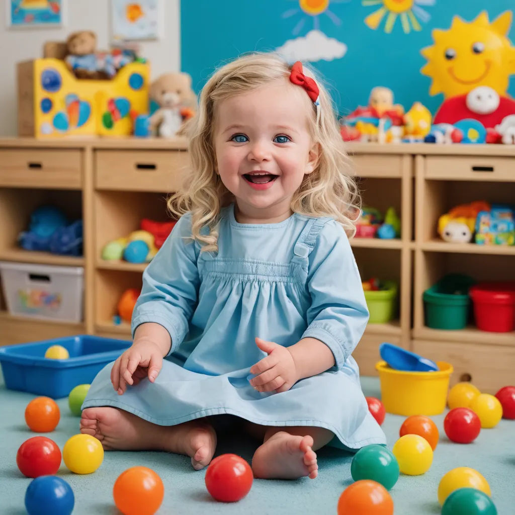 a little girl sitting on the floor surrounded by balls and toys in a playroom with a blue wall, paris school, a stock photo, Caroline Lucy Scott, promotional image