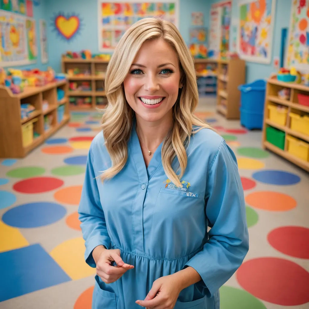 a woman in a blue shirt is standing in a room with colorful circles on the floor and a colorful wall, private press, a stock photo, Anne Ryan, promotional image