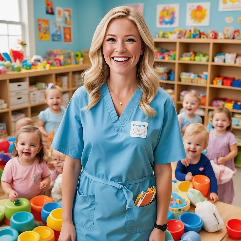 a woman in a blue scrub suit standing in a room full of children with toys in the background and a smiling woman in a blue scrub suit, neoplasticism, a stock photo, Brigette Barrager, promotional image