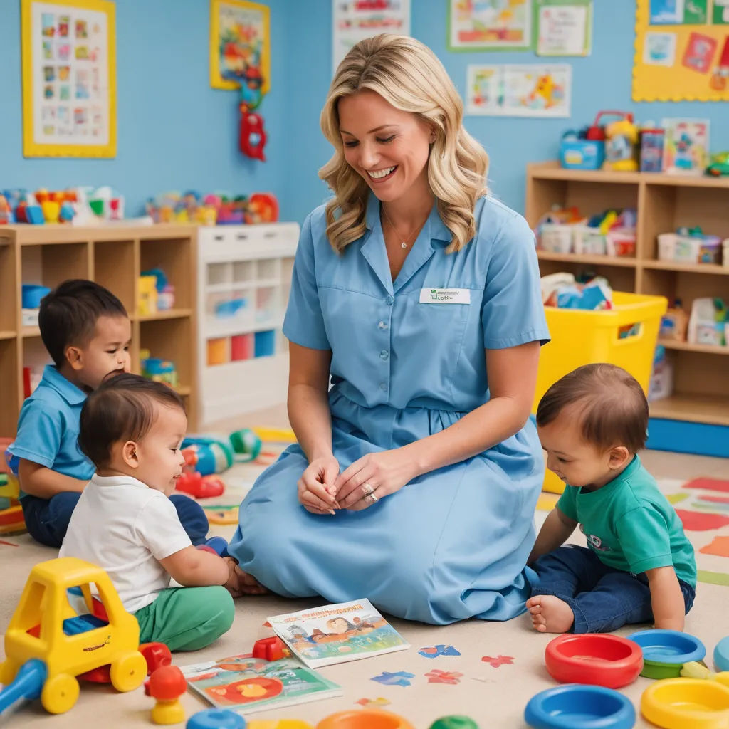 a woman in a blue shirt and some children in a room with toys and books on the floor and a blue wall, american barbizon school, a stock photo<error>