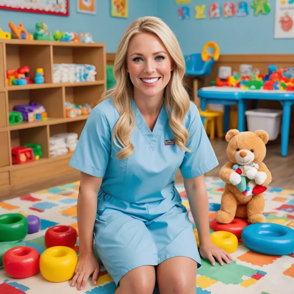 a woman in a blue scrub suit sitting on a floor with toys in the background and a teddy bear, american barbizon school, a stock photo, Evelyn Abelson, promotional image