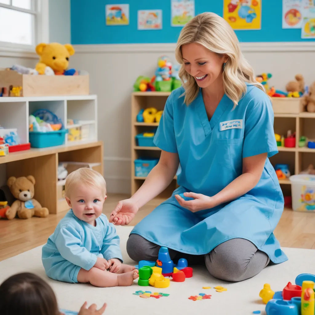 a woman in a blue scrub suit playing with a baby in a room with toys and a teddy bear, american barbizon school, a stock photo, Evelyn Abelson, promotional image