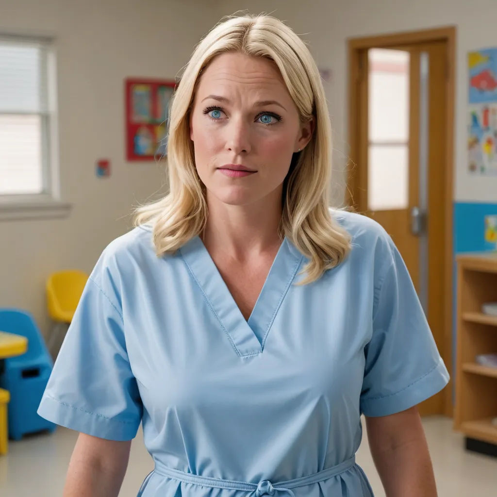a woman in a blue scrub suit standing in a room with a yellow chair and a blue table and yellow chairs, neoplasticism, a character portrait, Emma Geary, promotional image