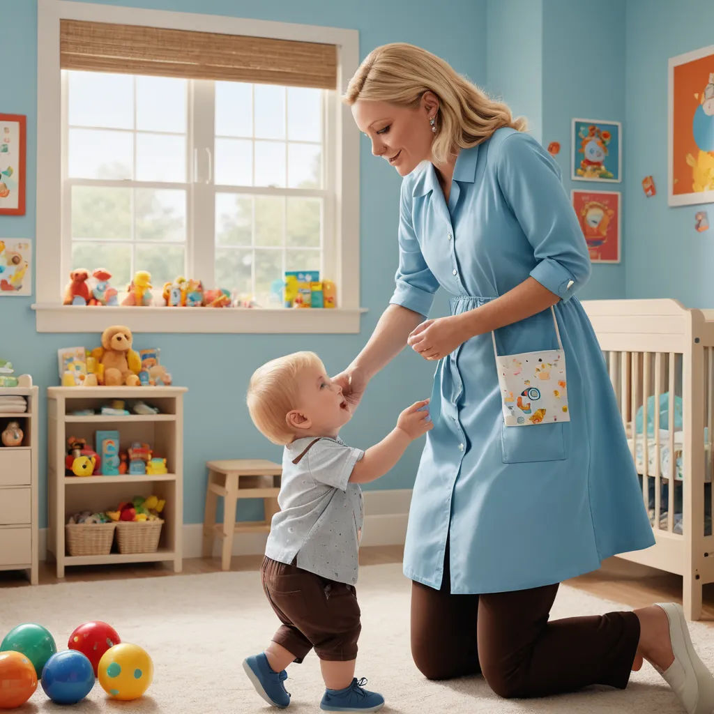 a woman holding a baby's hand while standing next to a baby in a room with toys on the floor, arts and crafts movement, a storybook illustration, Evelyn Abelson, promotional image