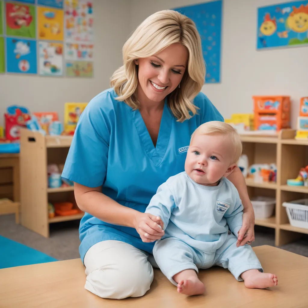 a woman in a blue shirt is holding a baby in a room with toys and books on the walls, american barbizon school, a stock photo, Evelyn Abelson, promotional image