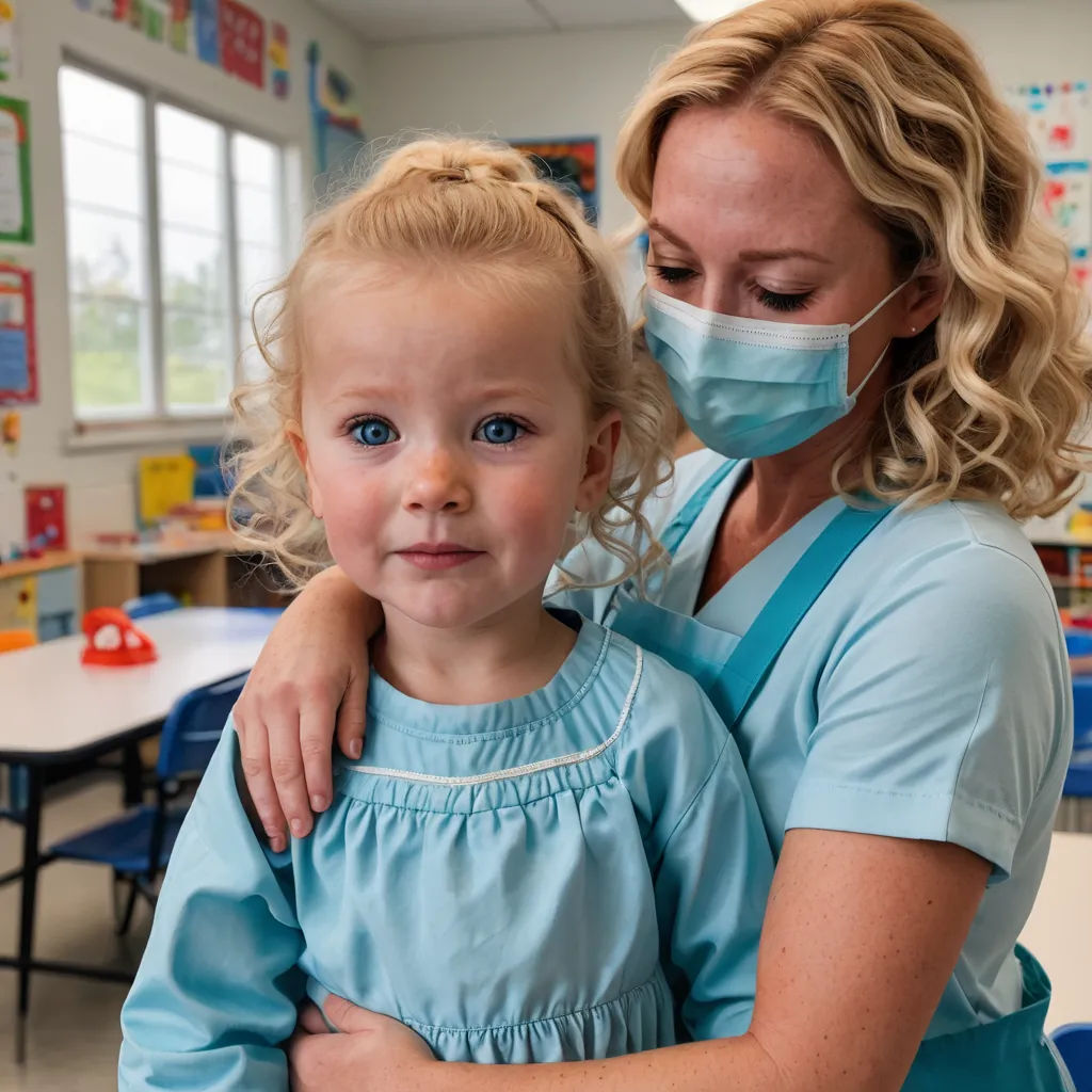 a woman and a child wearing masks in a classroom setting with a table and chairs in the background and a woman in a blue shirt and white apron, neoplasticism, a stock photo, Dahlov Ipcar, promotional image