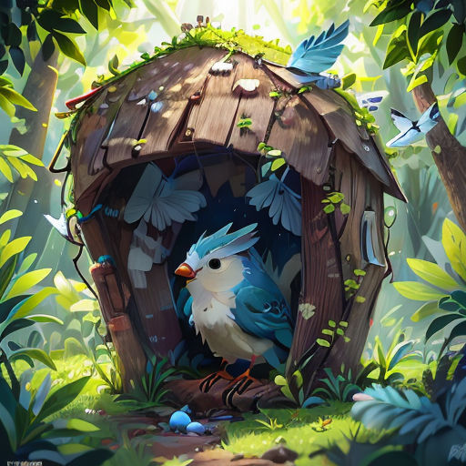 a bird is sitting in a birdhouse in the woods with a blue bird on it's head