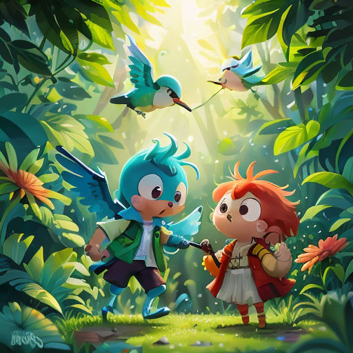 a boy and a girl are walking through the jungle with birds flying overhead and a bird is flying above them