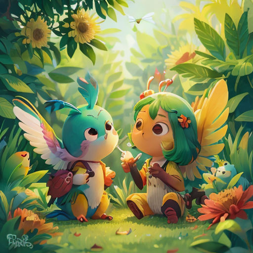 two cartoon characters are standing in the grass near flowers and trees, one is holding a flower in her hand