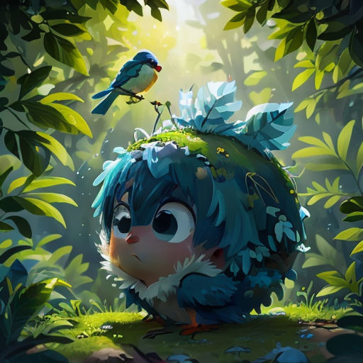 a cartoon character with blue hair and a bird on top of it's head in the jungle with leaves