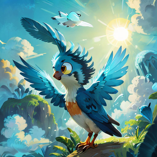 a bird with blue wings standing on a rock in the middle of a forest with other birds flying around