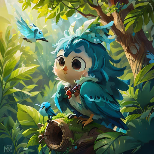 a bird sitting on top of a tree stump in a forest next to a bird flying above it and a bird on the tree