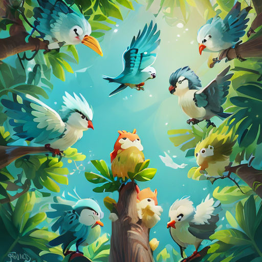 a painting of birds flying around a tree branch in the forest with leaves and branches around them, and a blue sky in the background