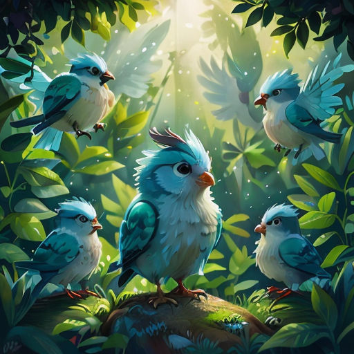 a painting of birds sitting on a rock in the forest with leaves and sunlight shining through the trees behind them