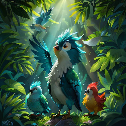 a painting of a bird with many different colors and sizes of feathers, and a bird with a blue tail, standing in a forest