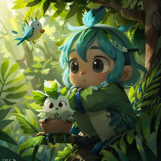 a girl with blue hair sitting in a tree with a bird on her shoulder and another bird on her shoulder