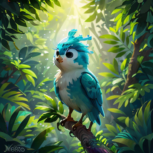 a blue bird with a blue mohawk sitting on a branch in a jungle with sunlight streaming through the leaves