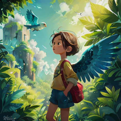 a boy with a backpack and a bird flying over him in the jungle with a bird flying over him