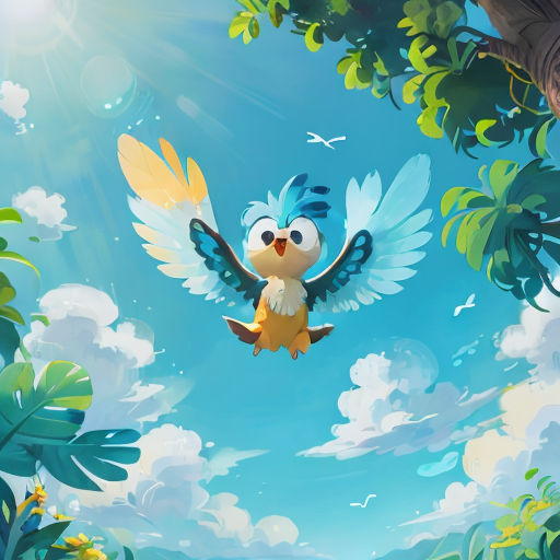 a bird flying through a blue sky with clouds and trees in the background and a bird in the foreground