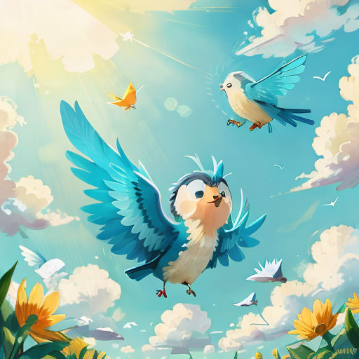 a painting of two birds flying through the sky with sunflowers in the background and a blue sky with white clouds