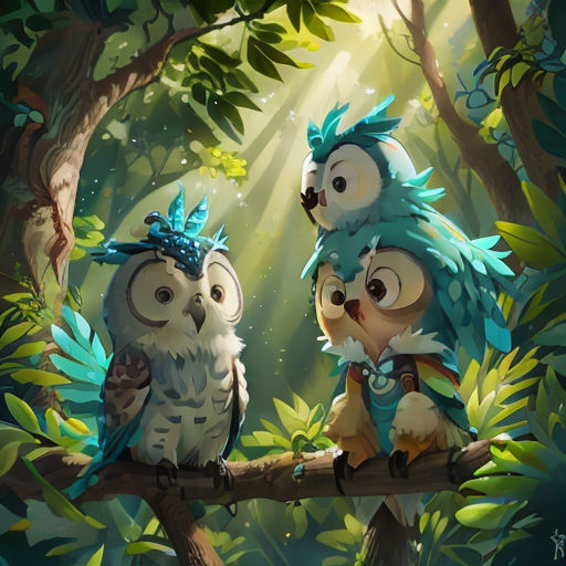 two owls sitting on a branch in a forest with sunlight streaming through the trees and leaves on the ground