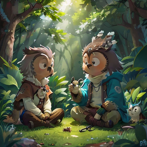 two cartoon characters sitting in the woods talking to each other with a forest background behind them and a forest scene in the background