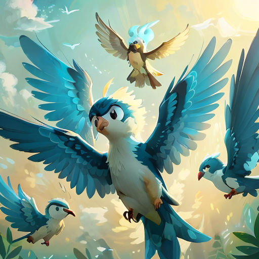 a painting of a bird with two birds on its back and one bird on its back with wings spread