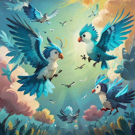 a painting of two birds flying through the air with their wings spread wide open and spread out, with other birds in the background