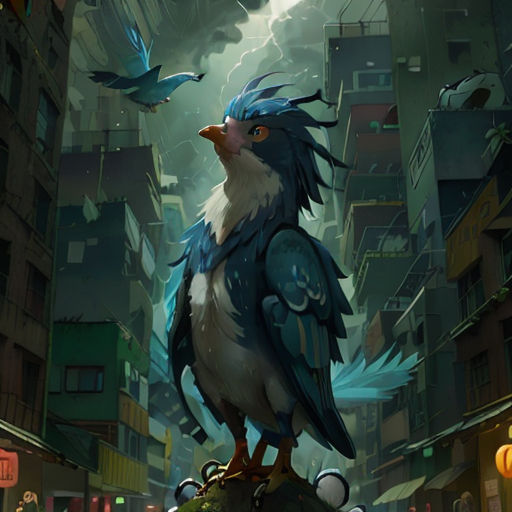 a bird standing on a rock in a city at night with a bird flying above it and a cityscape in the background