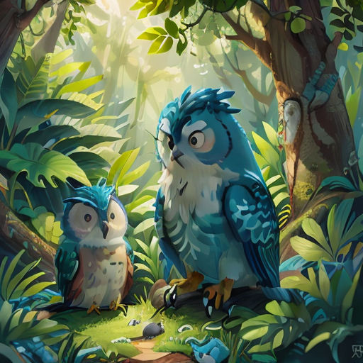 two owls sitting in the middle of a forest with trees and plants around them, with a bird on the ground
