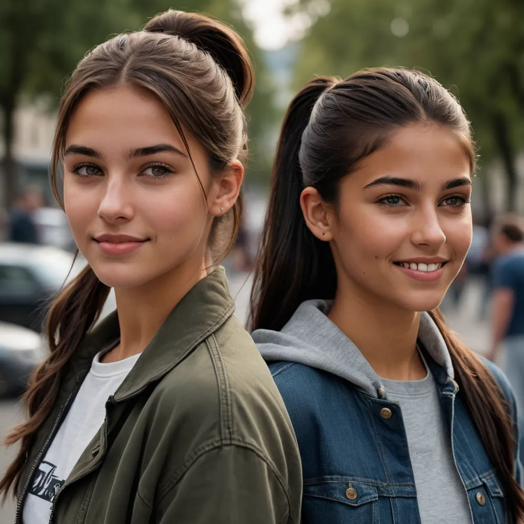 two girls standing next to each other in a street with cars behind them and people walking on the sidewalk, rayonism, a stock photo, Andries Both, symmetrical facial features