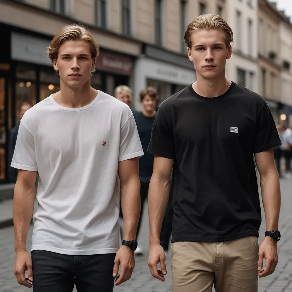 two young men walking down a street in a city with buildings in the background and people walking on the sidewalk, de stijl, a black and white photo, Christian Hilfgott Brand, symmetrical facial features