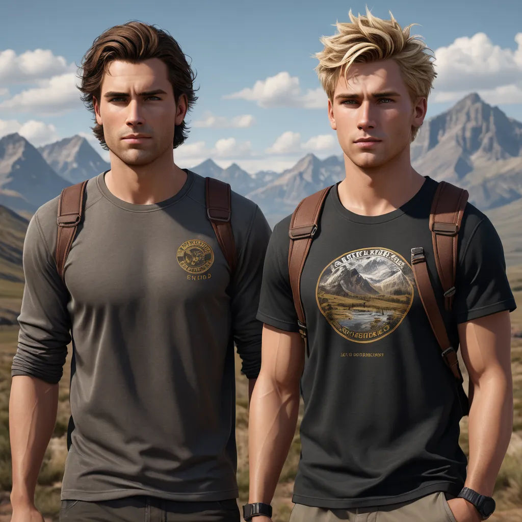 two men standing in the mountains with backpacks on their shoulders and one man with a backpack on his shoulder, photorealism, computer graphics, Brothers Hildebrandt, ultra realistic faces