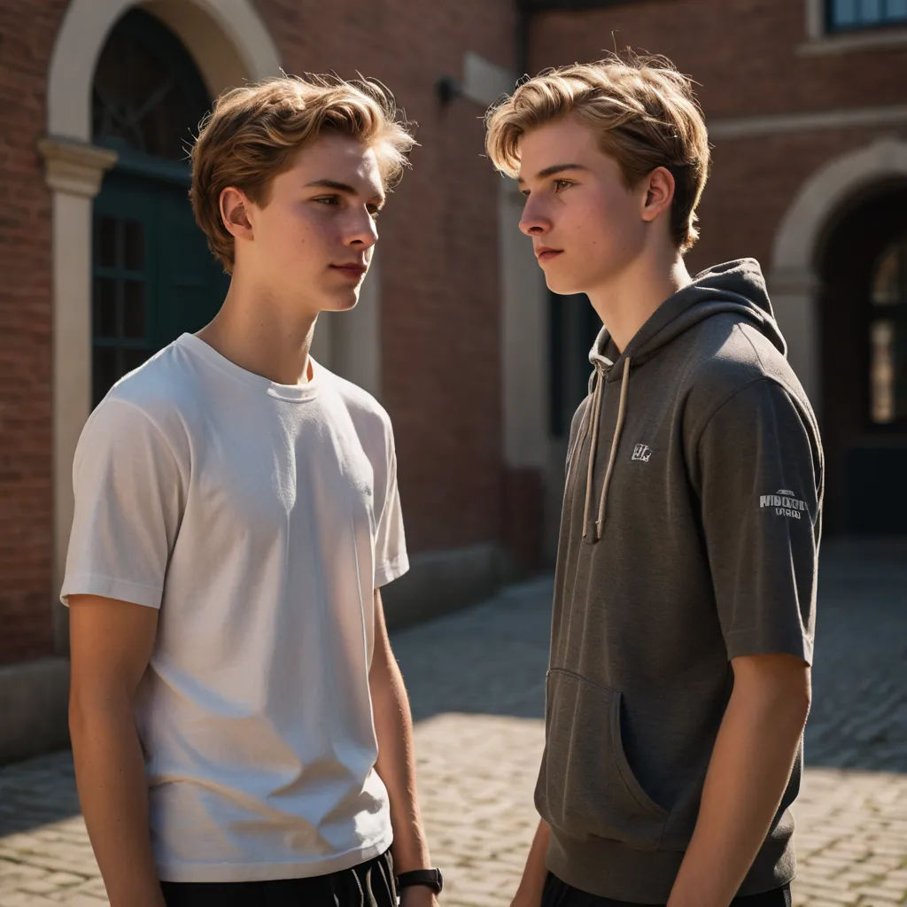 two young men standing next to each other on a brick walkway in front of a building with arched doorways, aestheticism, a black and white photo, Christian Hilfgott Brand, tech wear