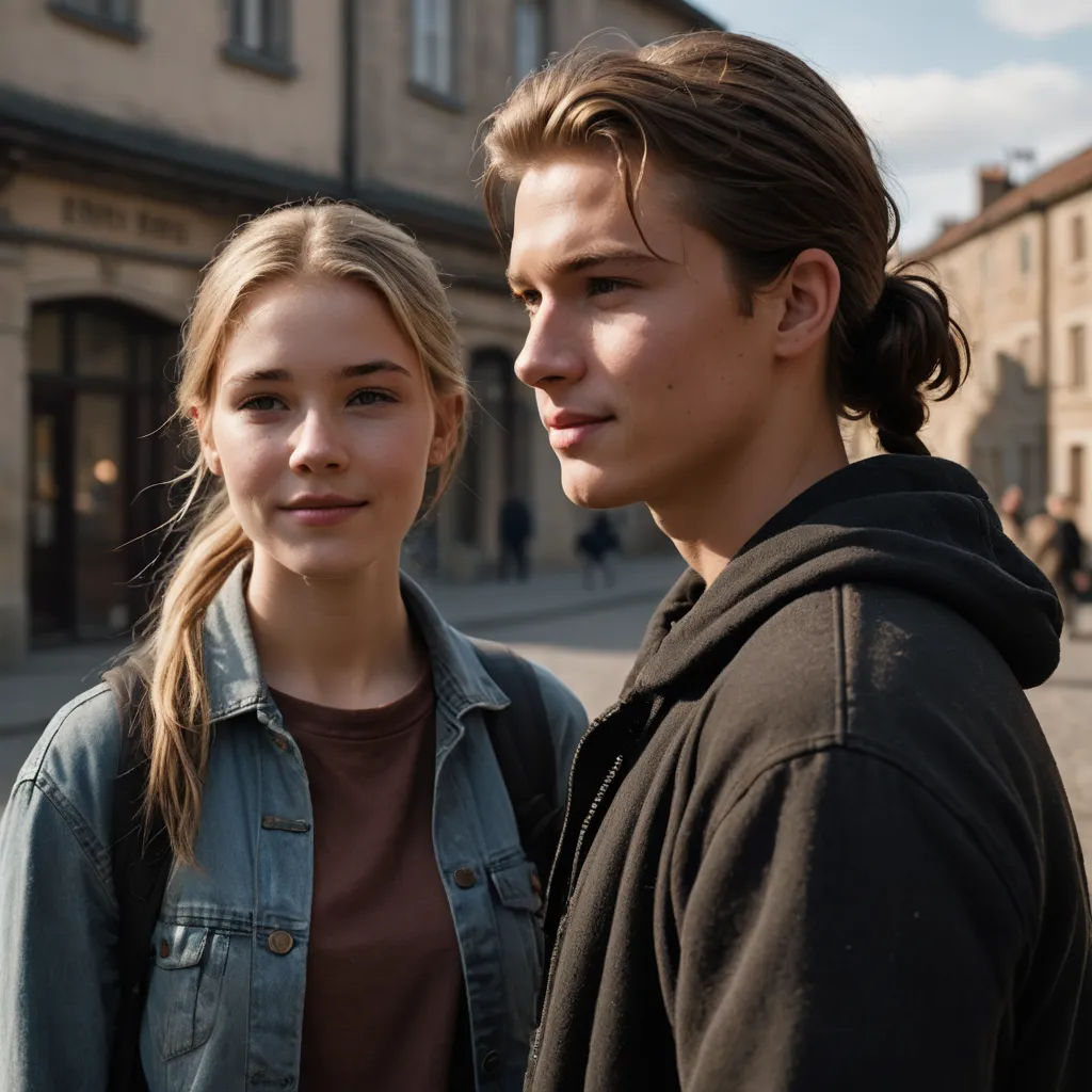 a boy and a girl standing in front of a building on a street corner with a building in the background, aestheticism, a poster, Armin Hansen, promotional image