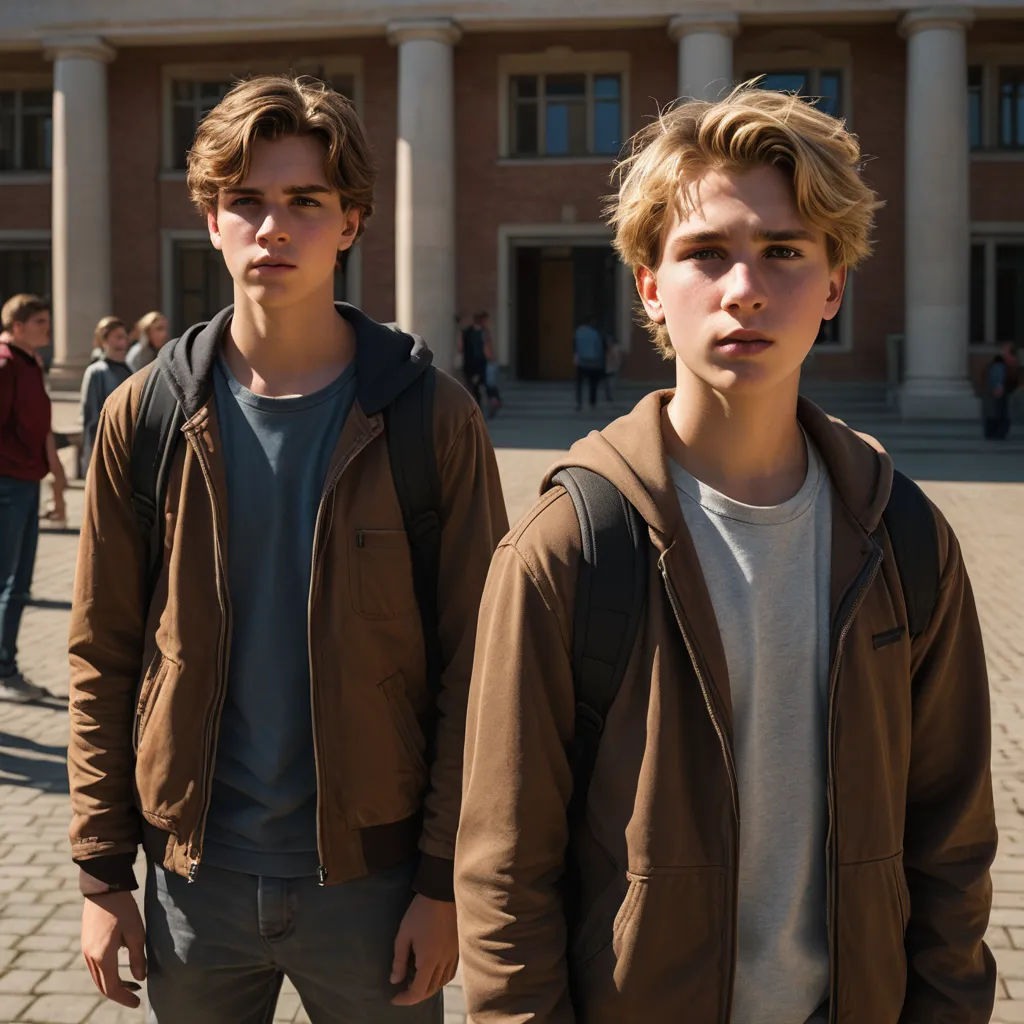 two young men standing in front of a building with columns and a clock tower in the background, one of them is wearing a brown jacket, neoism, a photocopy, Armin Hansen, movie still