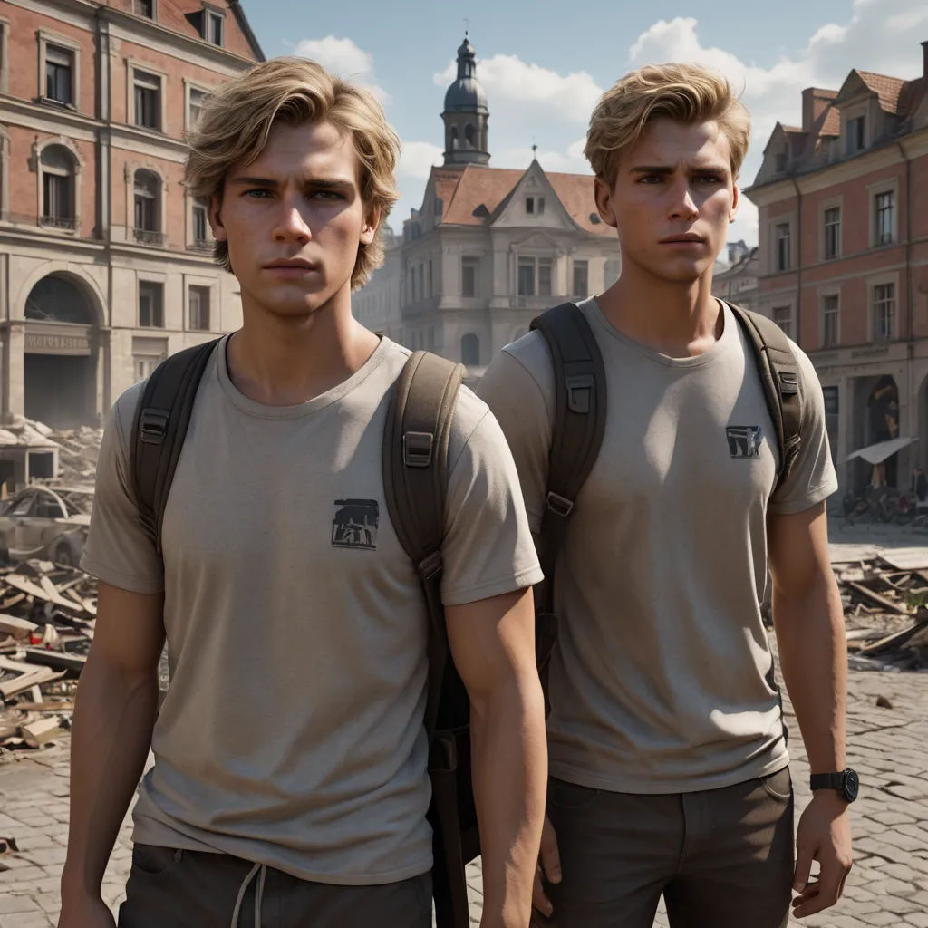 two men standing in front of a building with a clock tower in the background and rubble everywhere around them, antipodeans, concept art, Andor Basch, physically based rendering