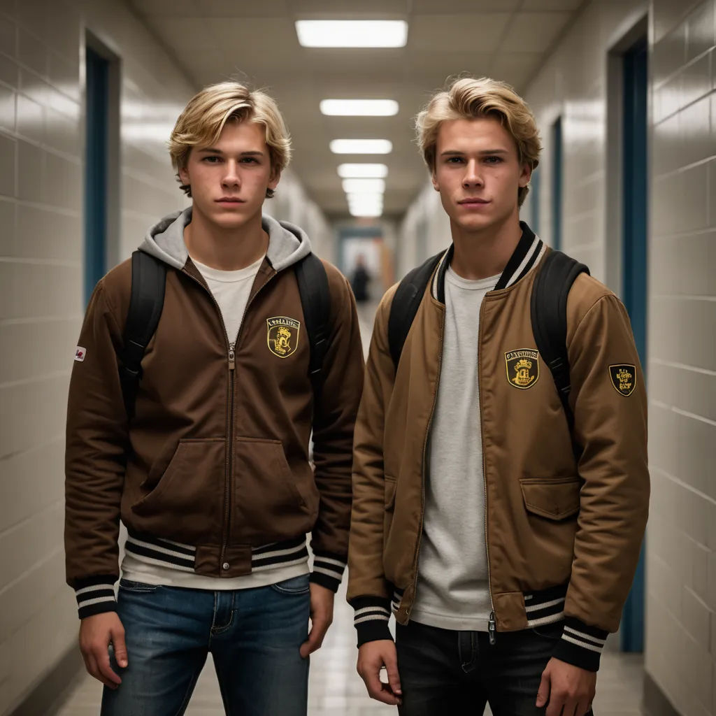 two young men standing in a hallway with a hallway in the background and a hallway in the foreground, vancouver school, a photorealistic painting, Daarken, vfx