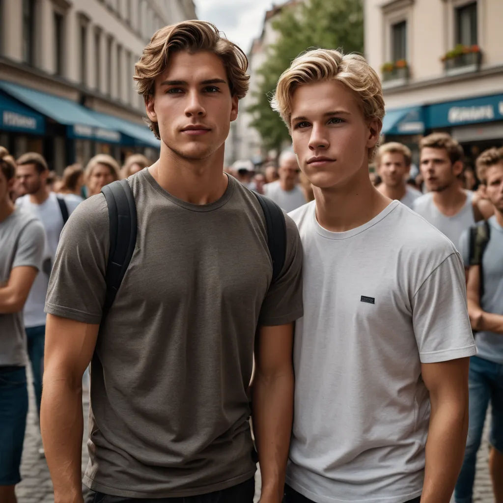 two young men standing next to each other in front of a crowd of people on a street corner with buildings, aestheticism, a polaroid photo, Christen Købke, symmetrical facial features