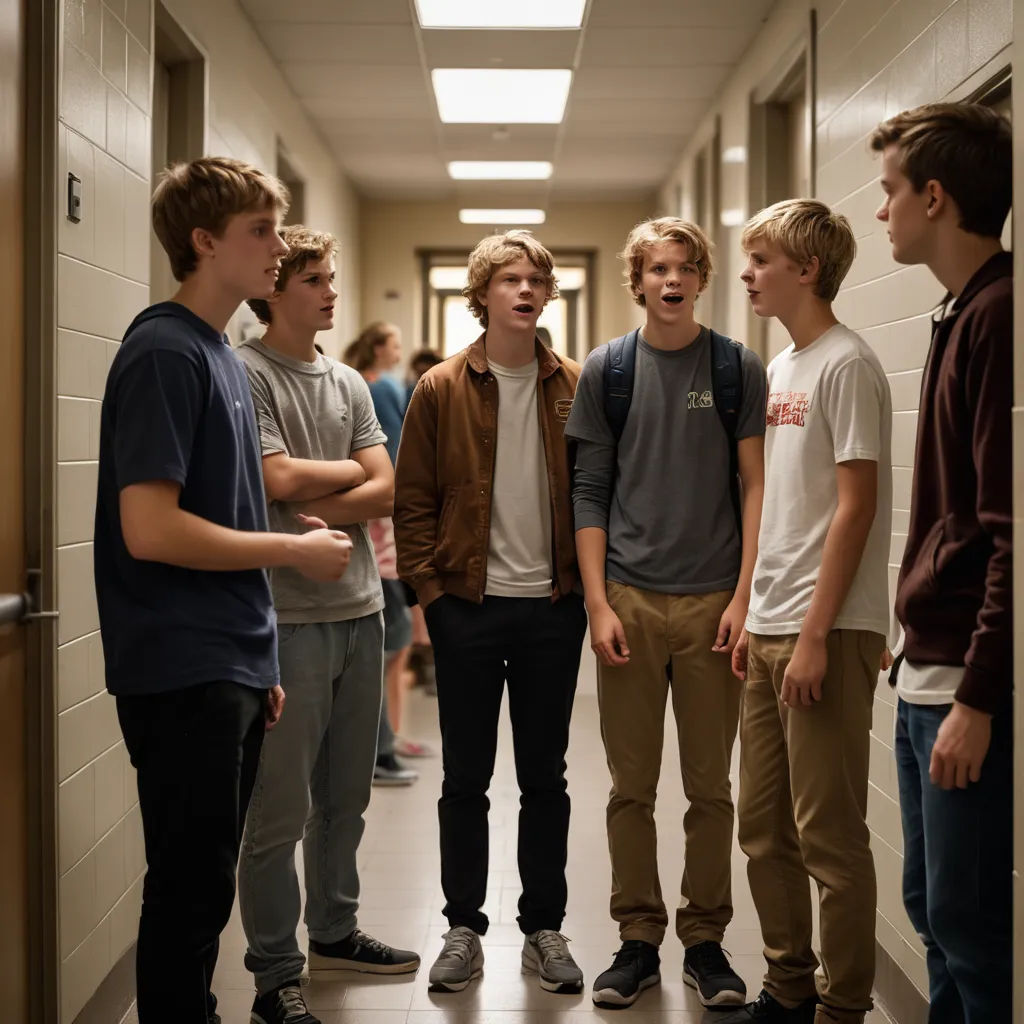 a group of young men standing in a hallway together talking to each other and smiling at each other's side, neoism, a renaissance painting, David Budd, cinematography