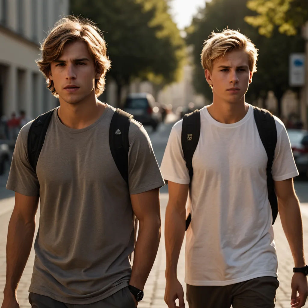 two young men walking down a street with backpacks on their backs and one man with a backpack on his back, heidelberg school, a photocopy, Caspar Wolf, movie still