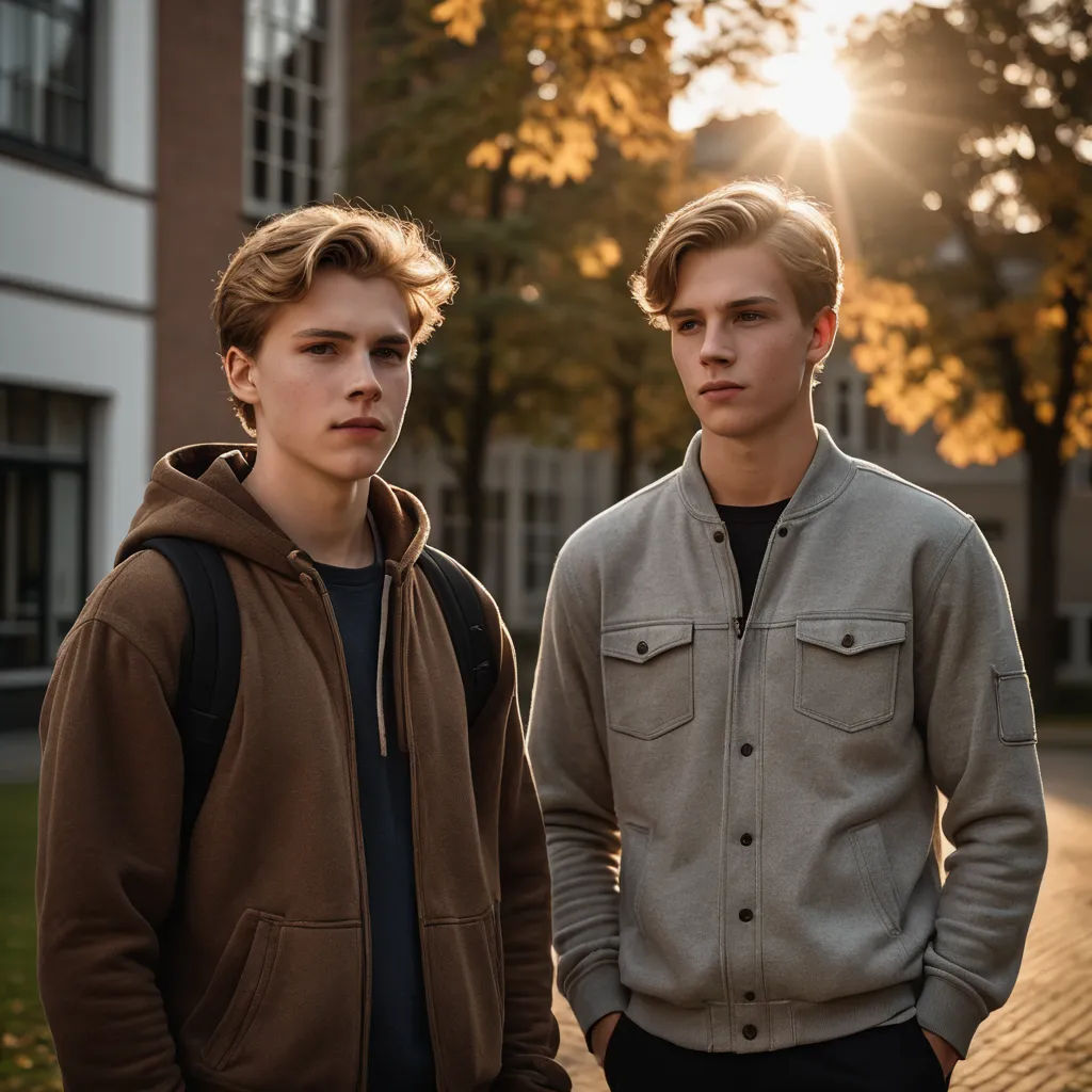 two young men standing next to each other in front of a building with the sun shining through the trees, vancouver school, a stock photo, Andries Both, symmetrical facial features