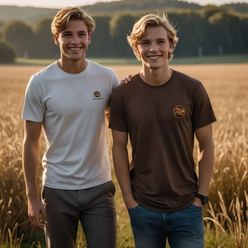 two men standing in a field of tall grass smiling for the camera, with a field of trees in the background, private press, a stock photo, Christian Hilfgott Brand, sepia