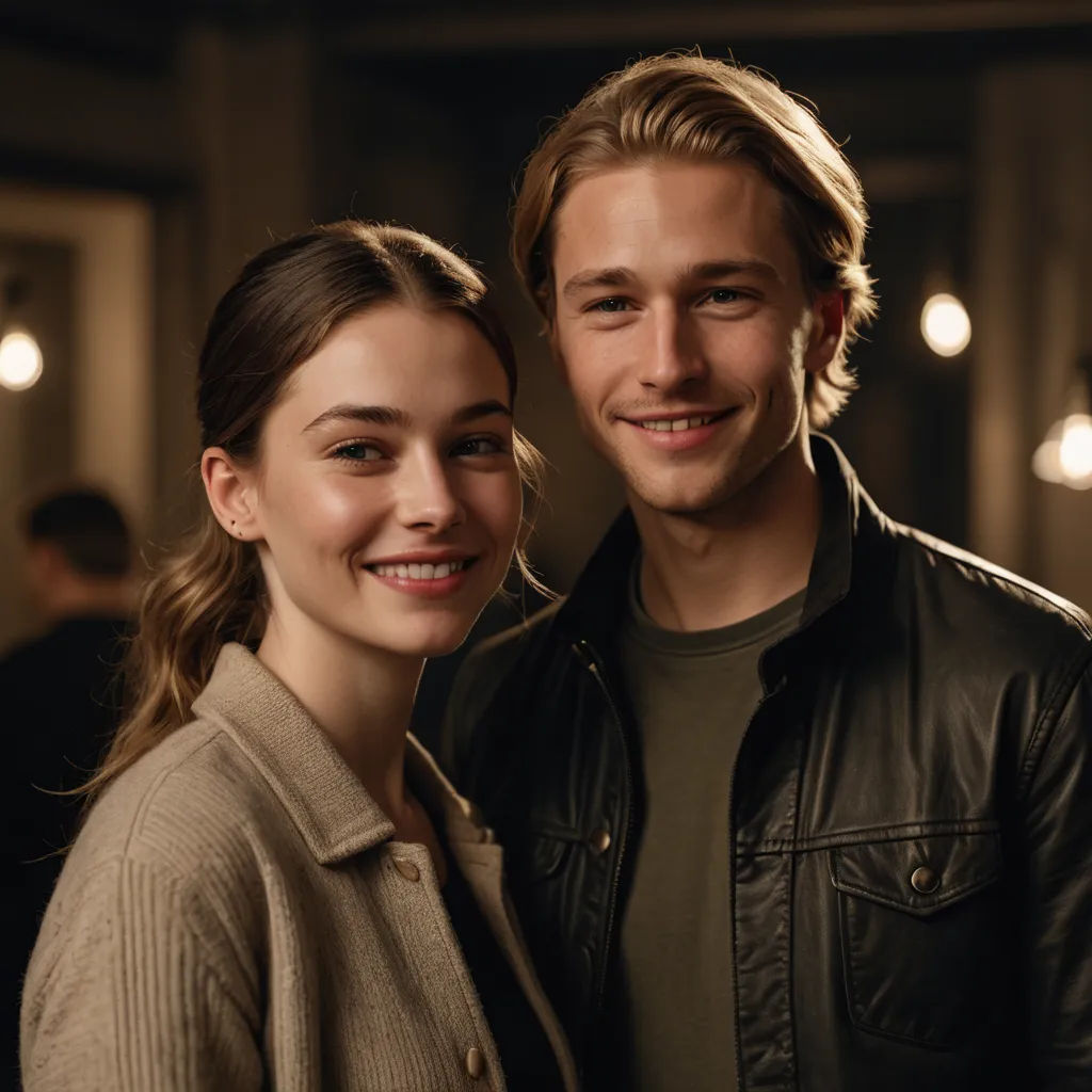 a man and a woman standing next to each other smiling at the camera with a man in the background, arts and crafts movement, a photorealistic painting, Christian Hilfgott Brand, promotional image