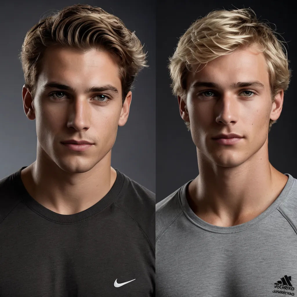 a man with a nike shirt on and a man with a nike shirt on and both of them are identical, aestheticism, a photorealistic painting, Evan Charlton, symmetrical facial features