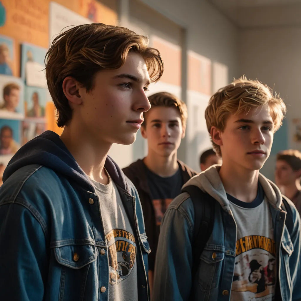 a group of young men standing next to each other in a room with posters on the wall behind them, rayonism, a renaissance painting, Caspar Wolf, anamorphic lens flare
