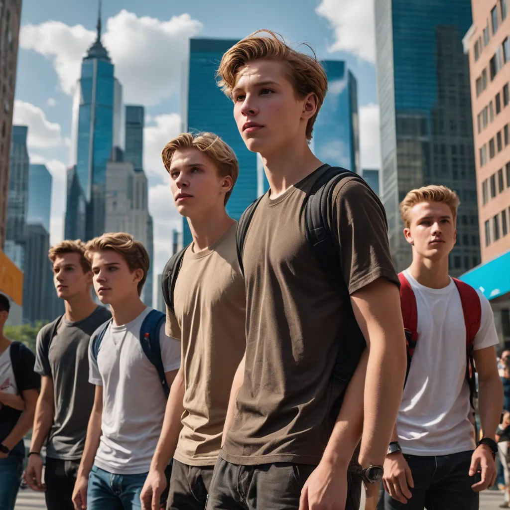 a group of young men standing in a city street with tall buildings in the background, one of them is wearing a brown shirt, de stijl, a renaissance painting, Caspar Wolf, promotional image