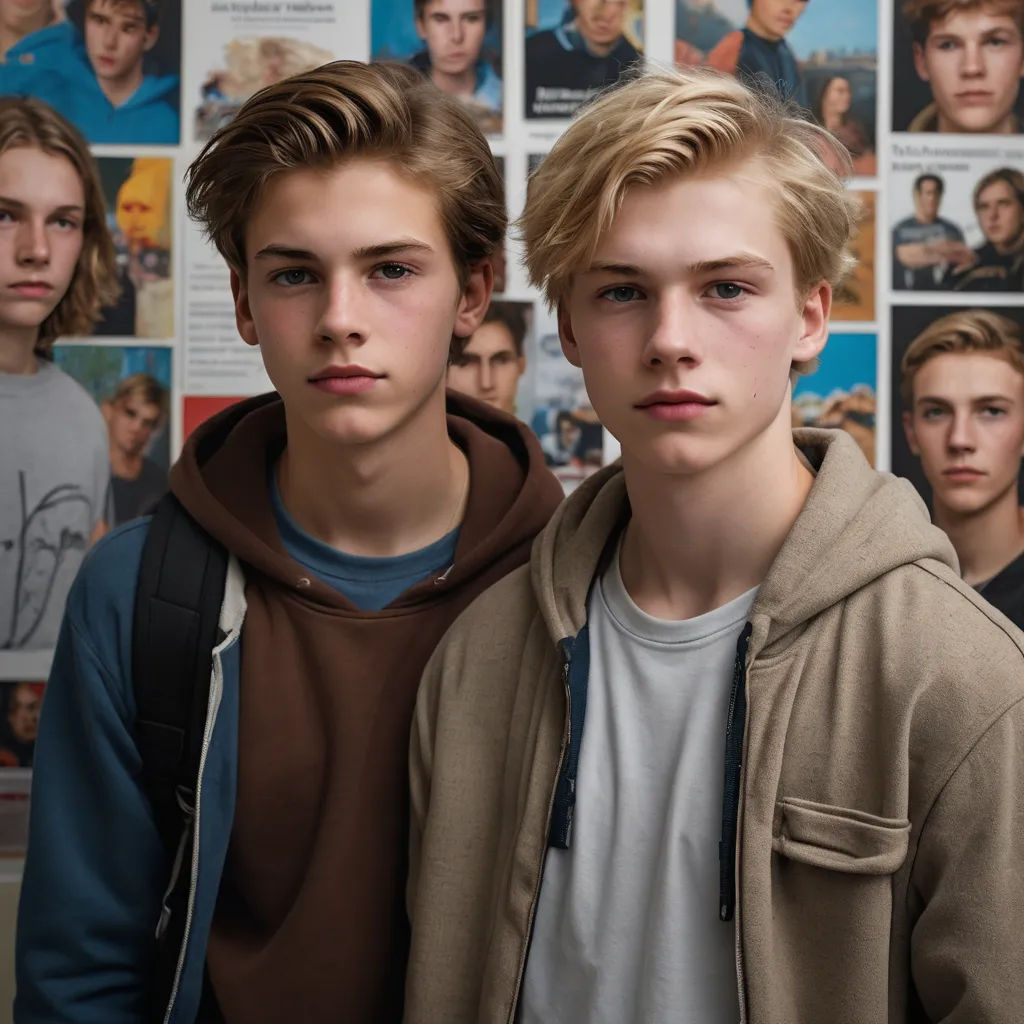 two young men standing next to each other in front of a poster of people on a wall with posters, aestheticism, a poster, Daniel Lieske, symmetrical facial features