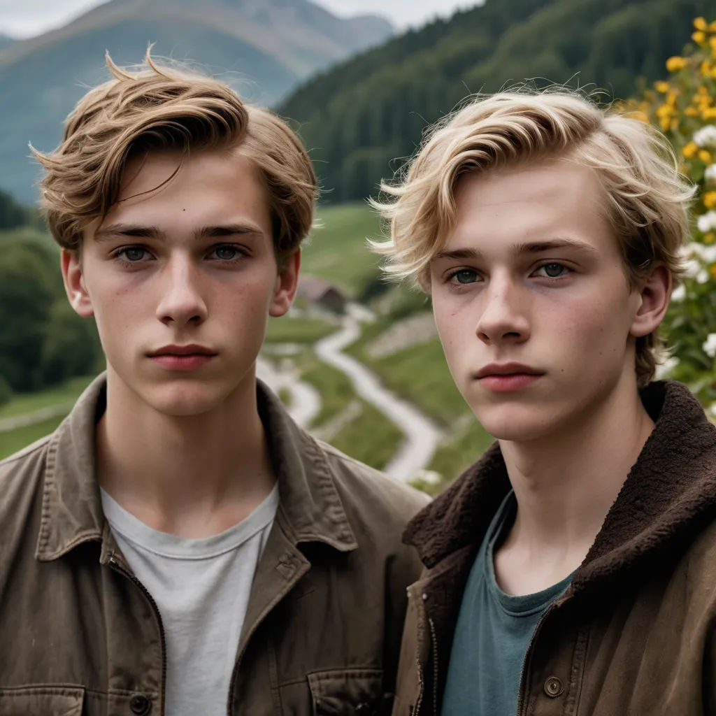 two young men standing next to each other in front of a mountain range with flowers and a road in the background, aestheticism, a portrait, Caspar Wolf, young